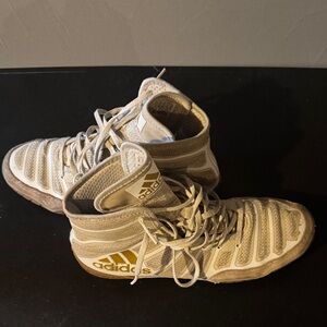 Adidas White and Gold High-Top wrestling shoes